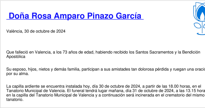 Esquela de Rosa Amparo Pinazo García