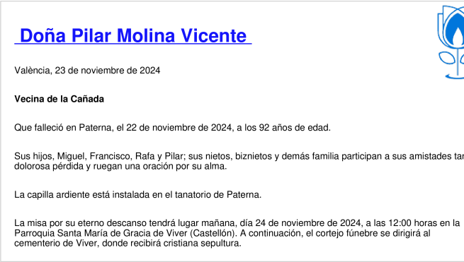 Esquela de Pilar Molina Vicente