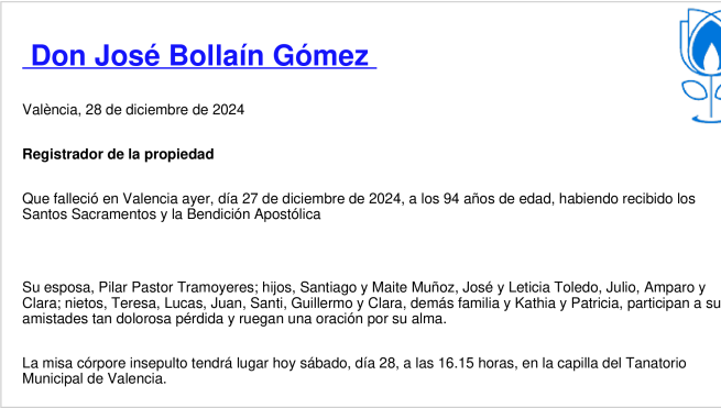Esquela de José Bollaín Gómez