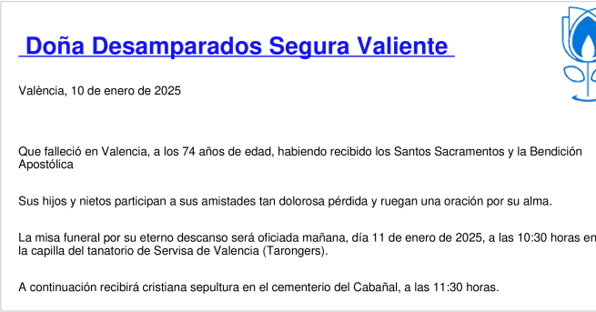 Esquela de Desamparados Segura Valiente
