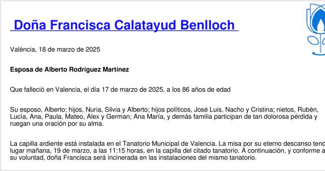 Esquela de Francisca Calatayud Benlloch