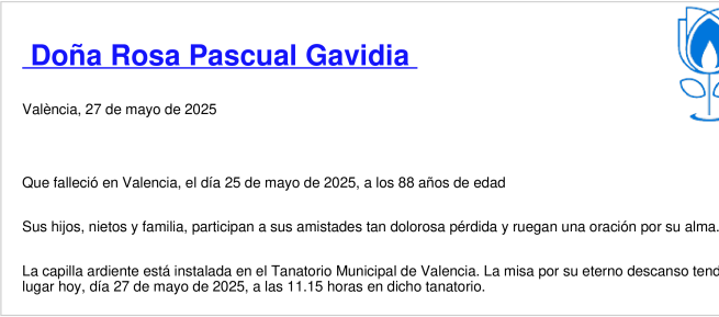 Esquela de Rosa Pascual Gavidia