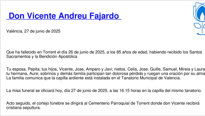Esquela de Vicente Andreu Fajardo