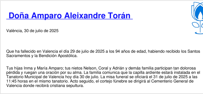 Esquela de Amparo Aleixandre Torán
