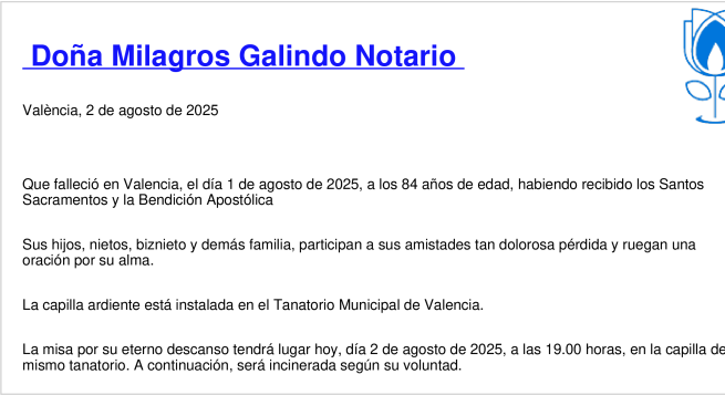 Esquela de Milagros Galindo Notario