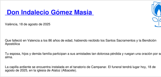 Esquela de Indalecio Gómez Masia