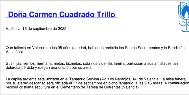 Esquela de Carmen Cuadrado Trillo