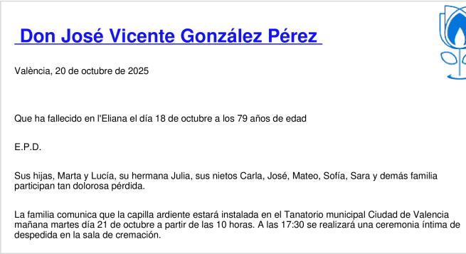 Esquela de Jose Vicente Gonzalez Perez