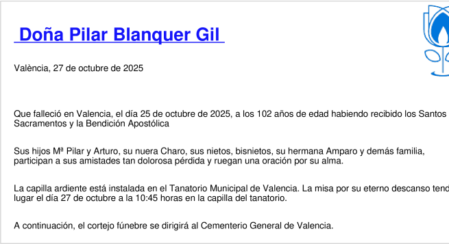 Esquela de Pilar Blanquer Gil