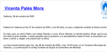 Esquela de Vicenta Palés Mora