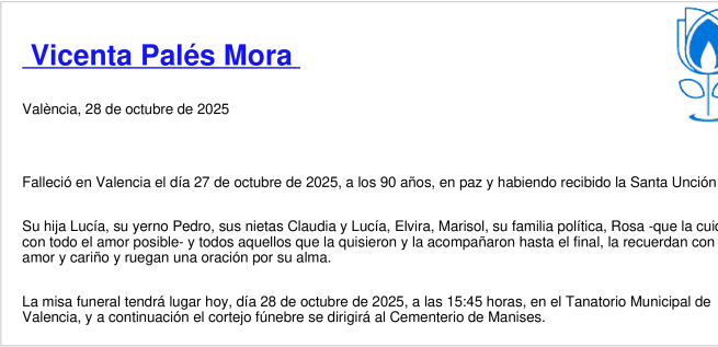 Esquela de Vicenta Palés Mora
