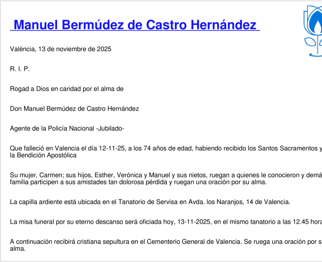 Esquela de Manuel Bermúdez De Castro Hernández