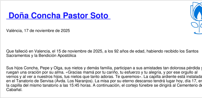Esquela de Concha Pastor Soto