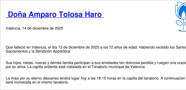 Esquela de Amparo Tolosa Haro