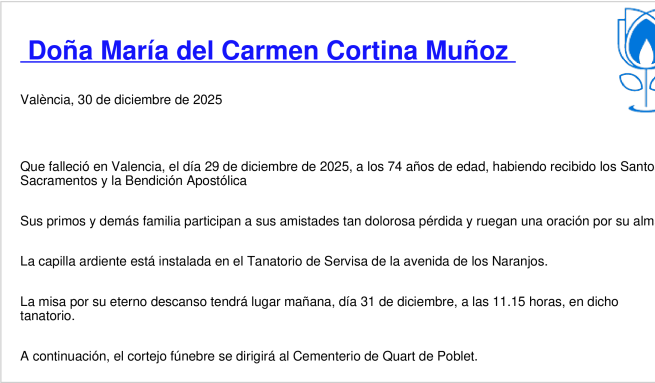 Esquela de María del Carmen Cortina Muñoz
