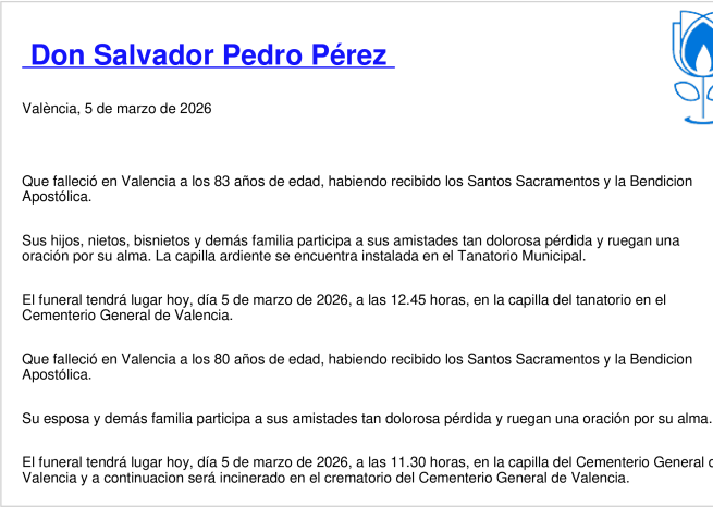 Esquela de Salvador Pedro Pérez