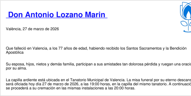 Esquela de Antonio Lozano Marin