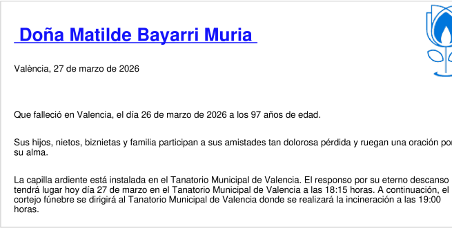 Esquela de Matilde Bayarri Muria