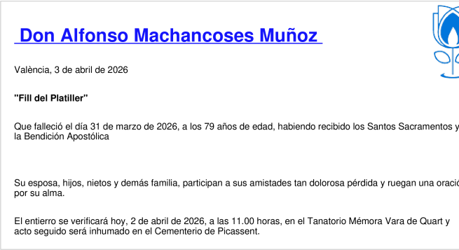 Esquela de Alfonso Machancoses Muñoz