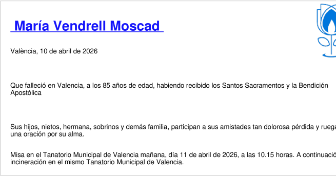 Esquela de María Vendrell Moscad