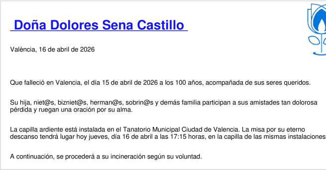 Esquela de Dolores Sena Castillo