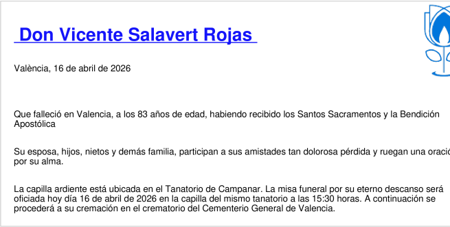 Esquela de Vicente Salavert Rojas